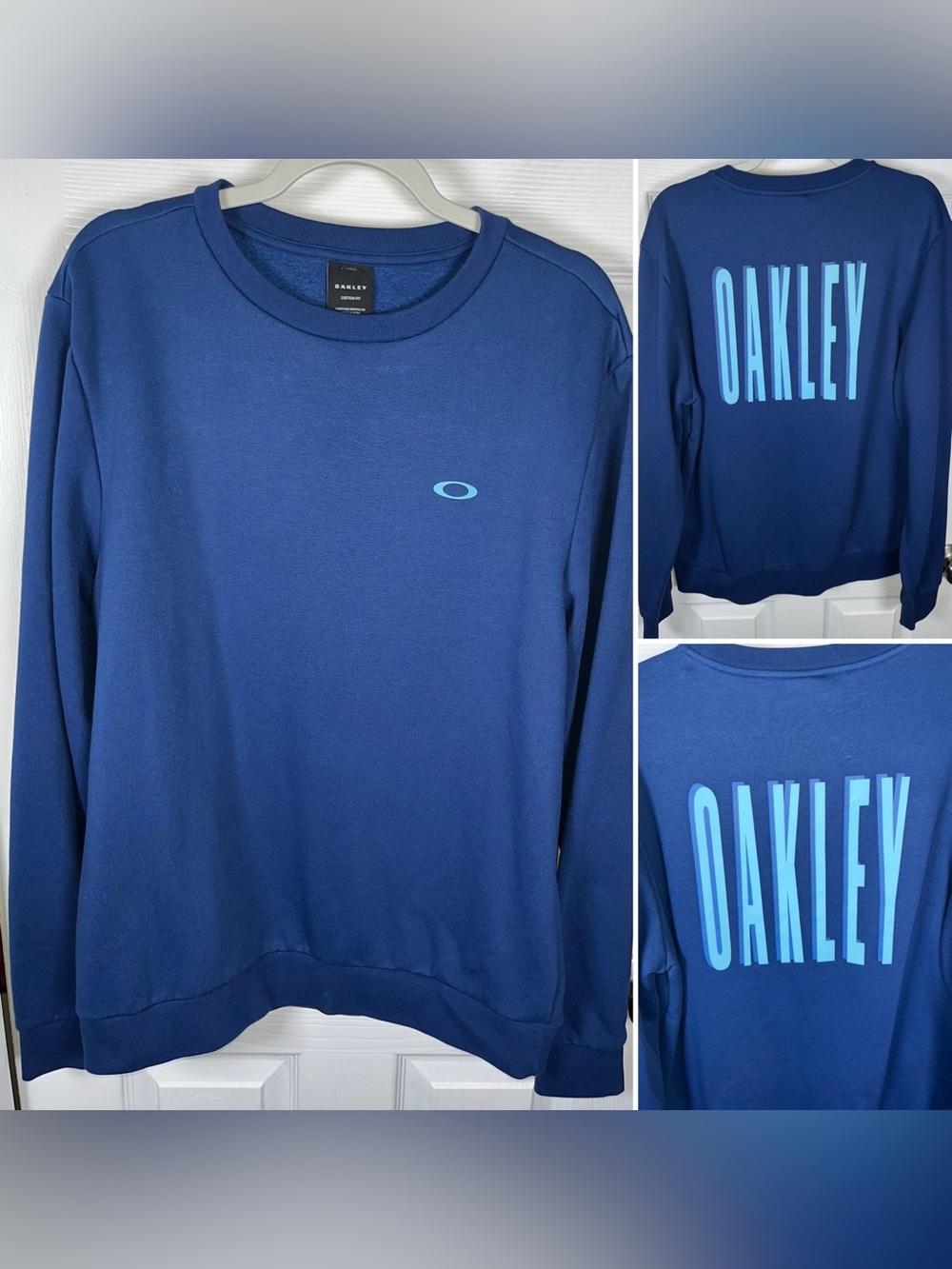 Men’s Oakley Crewneck Sweatshirt Pullover Large Blue Fleece Lined Custom Fit